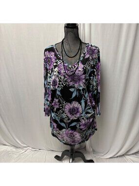 INC Tunic Womens Size 3X Top Sheer Black Purple Floral Sheer Lined V Neck Blouse